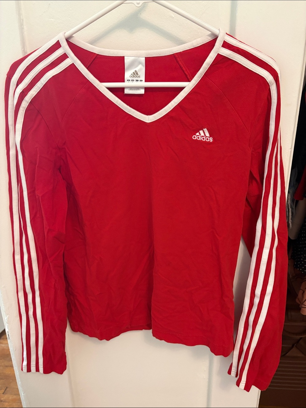 Adidas Red Long Sleeve V-Neck Top with White Stripes